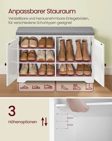 Banco para sapatos com espaço de arrumação 35,5 x 81 x 52,5 cm, portas, almofadas de assento e prateleiras ajustáveis Branco - Cinzento
