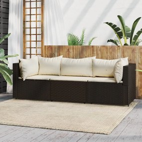 vidaXL 3 pcs conjunto lounge jardim c/ almofadões vime PE castanho
