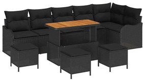 Conjunto de Sofá de Jardim de 10 Peças com Almofadas Rattan Preto Poli