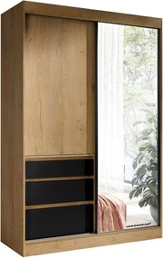 Roupeiro Toledo 115, Carvalho lefkas, Preto matte, 216x140x65cm, 146.01 kg, Portas para roupeiro: Deslizante, Número de prateleiras: 1, Número de prateleiras: 1