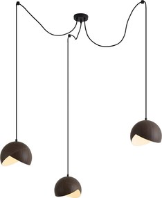 Candeeiro Pendente de Design Preto com Abajur com Efeito Madeira e Vidro Opalino 3 Luzes - Tulip