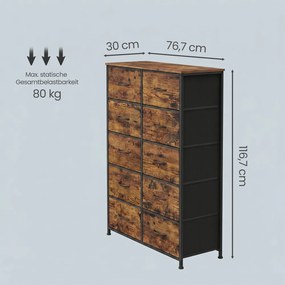 Cómoda, 10 gavetas forradas a tecido 116,7 x 76,7 x 30 cm Castanho e Preta