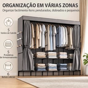 Roupeiro de Tecido com 5 Varões 5 Prateleiras 6 Bolsos Laterais Fecho de Correr Estrutura em Aço 212x45x167 cm Cinza