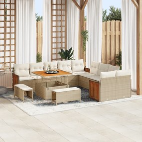 vidaXL Conjunto de Sofás de Jardim de 13 Peças com Almofadas Bege Rattan Poli Acácia