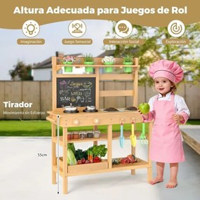 Cozinha de brincar para crianças de madeira 79 x 32 x 95 cm para exterior com torneira Pias removíveis Quadro negro Placas de cozedura natural