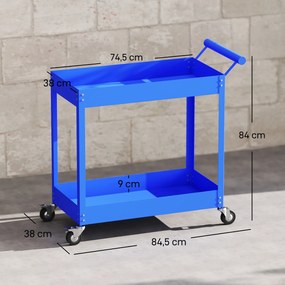 Carrinho de oficina com 2 níveis, pega lateral e rodas bloqueáveis, 84,5 x 38 x 84 cm, azul