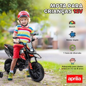 Mota Elétrica Infantil Aprilia 12V Rodas de Apoio Farol Música Porta USB Amortecedor Vermelho