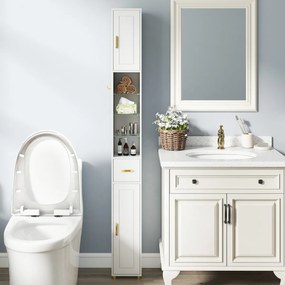 Armário de casa de banho alto de 181 cm estreito com 2 portas e prateleiras ajustáveis Faixa de luzes de 3 cores Branco