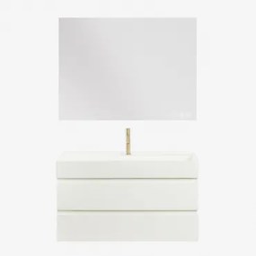 Conjunto De Móvel De Casa De Banho Em Madeira E Chapa De Freixo Com Lavatório Integrado Ona Branco & Retangular Led E Anti-embaciamento - Sklum