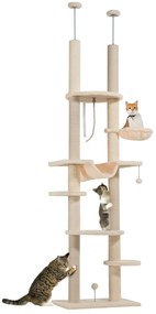 PawHut Arranhador para Gatos do Chão ao Teto 225-255 cm com 7 Níveis Rede Plataformas Postes de Arranhar  Bege e Cinza