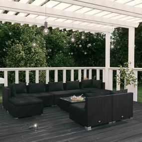 vidaXL 10 pcs conjunto lounge de jardim c/ almofadões vime PE preto