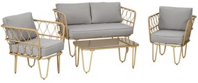 Outsunny Conjunto de Jardim de 4 Peças em Vime Sintético com 2 Poltronas 1 Sofá de 2 Lugares 1 Mesa e Almofadas Natural e Cinza