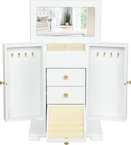 Caixa de joias para mulher 26,5 x 16 x 33,5 cm com 4 níveis, baú de joias em madeira com abas, espelho e 2 gavetas, branco