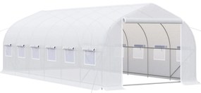 Outsunny Estufa Tipo Túnel 595x300x200cm Estufa de Jardim Grande com 12 Janelas e Porta Enrolável com Zíper para Cultivo de Plantas Branco