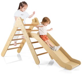 Conjunto de escalada triangular 2 em 1 com escorrega ajustável para interior e exterior brinquedo de madeira para crianças de 1 ano ou mais Natural