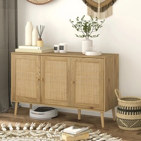 Aparador de sala de estar 120 x 40 x 75 cm com armários com portas em rattan e prateleira ajustável, em madeira natural