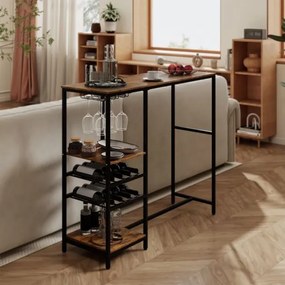 Mesa de cozinha, bar com compartimentos de arrumação e prateleiras para vinho e suportes para copos