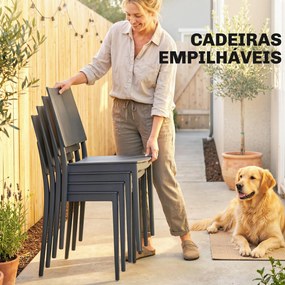 Conjunto de Mesa e Cadeiras de Jardim com Mesa de Ripas e 4 Cadeiras Empilháveis para Terraço ou Pátio Cinza