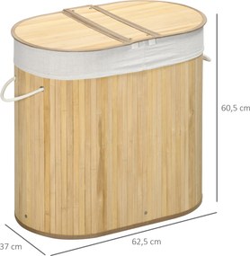 Cesto de Roupa Suja de Bambu 100L com 2 Compartimentos e Forro Removível 62,5x37x60,5 cm Madeira