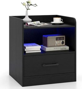Mesa de cabeceira LED multicolorida 44,5 x 40 x 50 cm Mesa apoio com prateleira e gaveta Comando à distância para sala de estar e quarto Preto