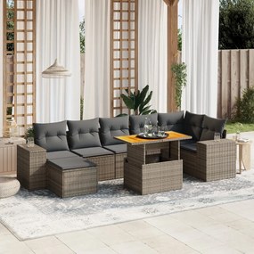 8 pcs conjunto sofás de jardim c/ almofadões vime PE cinzento