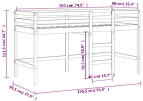 Cama alta p/ criança c/ escada 90x190 cm pinho maciço branco
