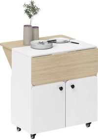Mesa de jantar dobrável com roda 70 x 83 x 75 cms, mesa de cozinha para 4 pessoas, 2 abas rebatíveis, prateleira, armário, branco,  e cor natural
