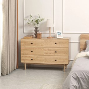 Cómoda com 6 gavetas, móvel de arrumação com pés em madeira maciça, 120 x 40 x 80 cm, cor de madeira