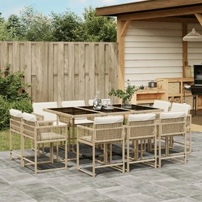 vidaXL 11 pcs conjunto de jantar p/ jardim com almofadões vime PE bege