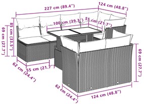 8 pcs conjunto sofás de jardim c/ almofadões vime PE castanho