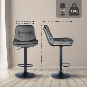 Banco de bar em couro sintético com estrutura preta 92-113 x 46 x 54 cm cinzento