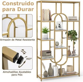 Estante de 5 níveis 95 x 30 x 175 cm com Prateleiras Abertas com Forma Ovalada Moldura Branca e Dourada