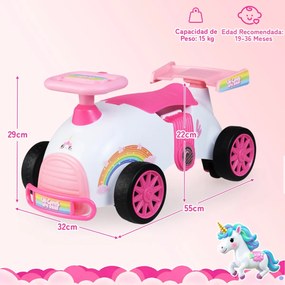 Andarilho infantil Unicórnio com música, arrumação debaixo do assento e rodas universais para crianças dos 19 aos 36 meses Branco + Rosa