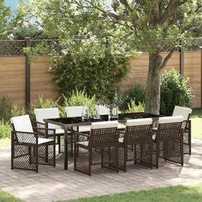 Conjunto de Jantar para Jardim vidaXL de 9 peças com Almofadas em Vime Castanho