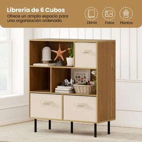 Estante com 6 cubos 90 x 40 x 105 cm e com 3 gavetas de tecido dobráveis e removíveis moderno Natural