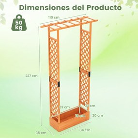 Floreira de jardim 110 x 35 x 227 cm elevada em madeira com treliça, teto suspenso, orifícios de drenagem, abeto, para plantas trepadeiras, laranja