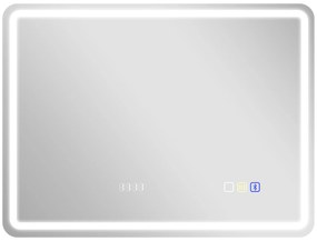 HOMCOM Espelho de Casa de Banho com Luz LED 80x60 cm Bluetooth 3 Cores de Luz Relógio Digital Função Antiembaciamento Memória Prata | Aosom Portugal