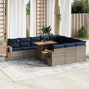 11 pcs conjunto sofás de jardim c/ almofadões vime PE/acácia