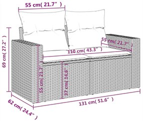 5 pcs conj. sofás jardim c/ almofadões vime PE cinzento-claro