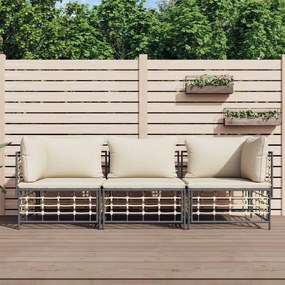 vidaXL 3 pcs conjunto lounge de jardim c/ almofadões vime PE antracite