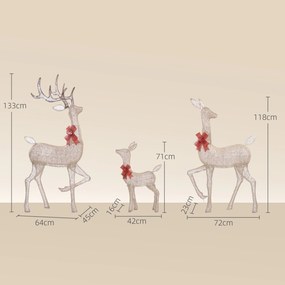 3 veados luminosos de Natal, em forma de família de veados, renas luminosas de Natal, em aço, 283 LED de luz branca quente