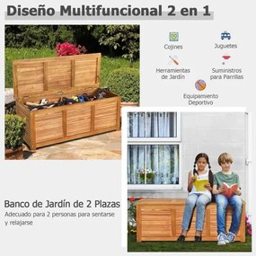 Baú de armazenamento exterior em madeira de acácia 120 x 45 x 45 cm com capacidade para 178 l, carga de 150 kg, para jardim ou pátio,, natural
