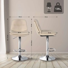 Banco de bar em tecido com estrutura prateada 92-113 x 46 x 54 cm cor creme