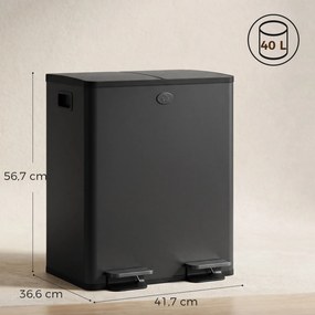 Caixote Lixo de Cozinha em Aço Inoxidável com 2 Compartimentos 2x20L Pedal, Tampas de Fecho Suave e Balde Removível Preto