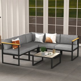 Conjunto de jardim de canto para exterior, design contemporâneo, 6 peças para 5 pessoas – em alumínio, grande conforto cinzento, natural