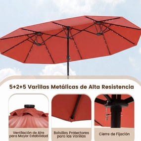 Guarda-sol duplo 460 x 285 cm com 48 luzes LED, 3 aberturas de ventilação, 12 varas, base e manivela para jardim, terraço e piscina – Laranja