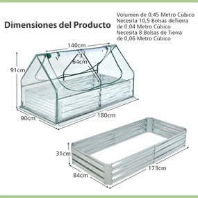 Estufa jardim elevada de 2 camadas com cobertura de estufa e janelas de enrolar Rega fácil 180 x 90 x 91 cm verde e prata e transparente