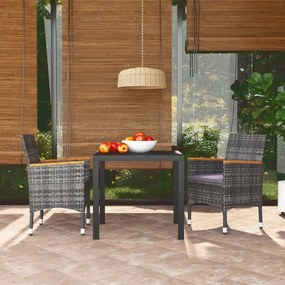 3 pcs conjunto de jantar p/ jardim c/ almofadões vime PE cinza