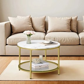 Mesa de centro com 2 níveis e tampo em vidro 65 x 46 cm (Ø x A) branco mármore e dourado claro