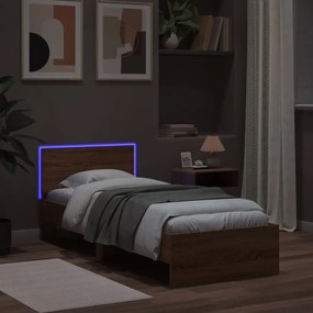Estrutura cama cabeceira/luzes LED 75x190 cm carvalho castanho